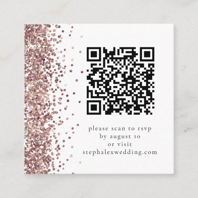 Tarjeta De Recepción Rosa Purpurina de oro código QR Boda RSVP (Anverso)
