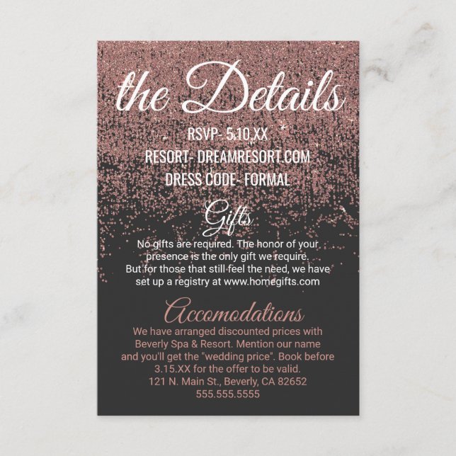 Tarjeta De Recepción Rosa Purpurina de oro esparce detalles de Boda neg (Anverso)
