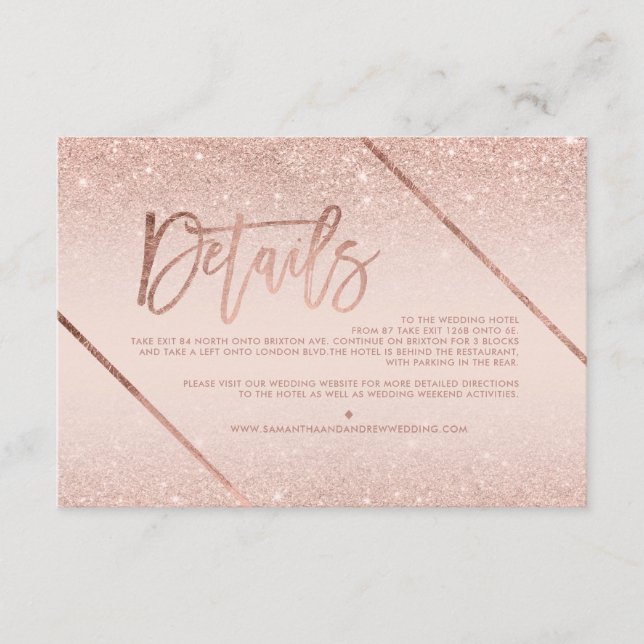 Tarjeta De Recepción Rosa purpurina dorado sonrojo guión boda dirección (Anverso)