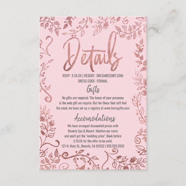 Tarjeta De Recepción Rosa Purpurina floral oro Ombre Detalles rosa (Anverso)