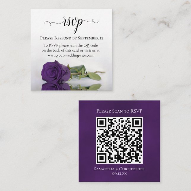 Tarjeta De Recepción Rosa real púrpura elegante matrimonio RSVP Código  (Anverso / Reverso)
