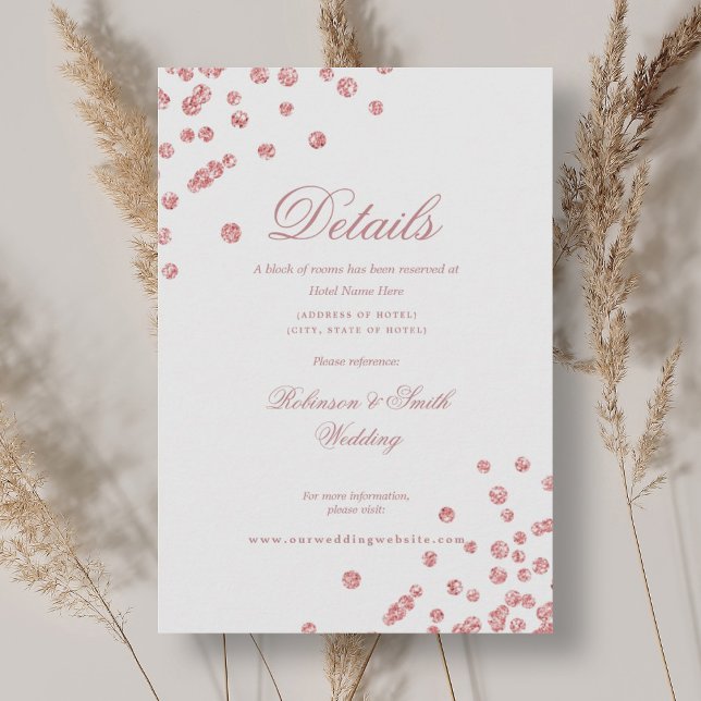 Tarjeta De Recepción Rosa romántico Boda de confeti de oro (Romantic Rose Gold Confetti Wedding Details Enclosure Card)