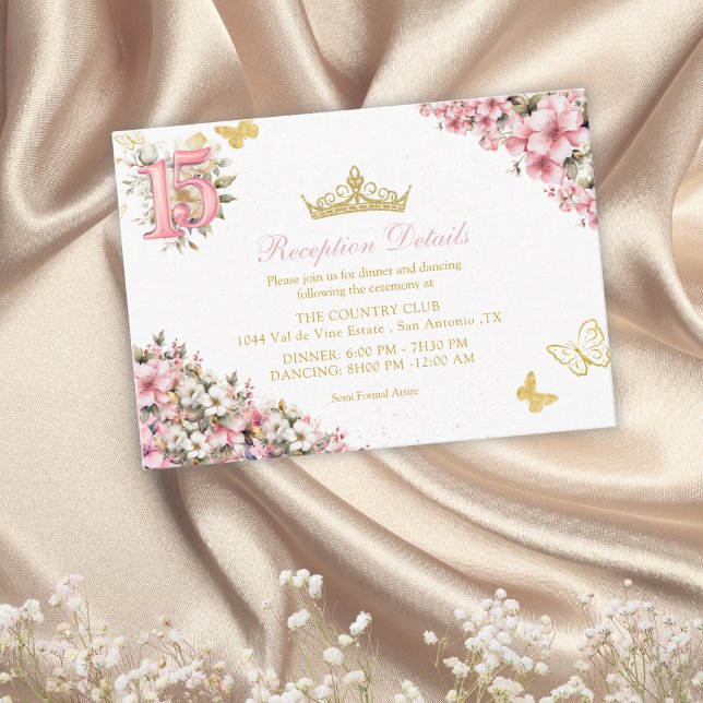 Tarjeta De Recepción Rosa Rubor Floral Mariposas Doradas (Subido por el creador)