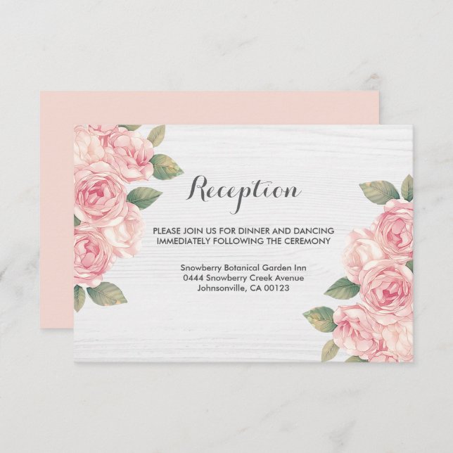 Tarjeta De Recepción Rosa ruso de Rubor Boda de madera blanca (Anverso / Reverso)