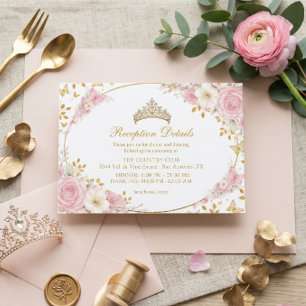 Tarjeta De Recepción Rosa sonrojado Quinceañera mariposa dorada