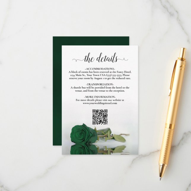 Tarjeta De Recepción Rosa verde esmeralda detalles de boda elegante Cód (Anverso/Reverso In Situ)