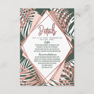Tarjeta De Recepción Rosa Verde Oro Detalles de Hojas de Palma Tropical