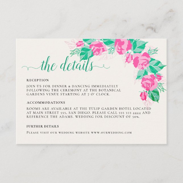 Tarjeta De Recepción Rosa verde rosa Petals Flores Boda Jardín (Anverso)