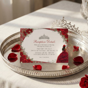 Tarjeta De Recepción Rosas acuarela rojas y quinceañera roja y plata