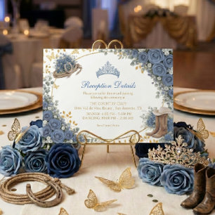 Tarjeta De Recepción Rosas Azules Occidentales Quinceañera Dorada del P