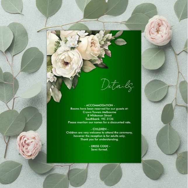 Tarjeta De Recepción Rosas blancas y detalles del Boda del Boho verde e (Subido por el creador)