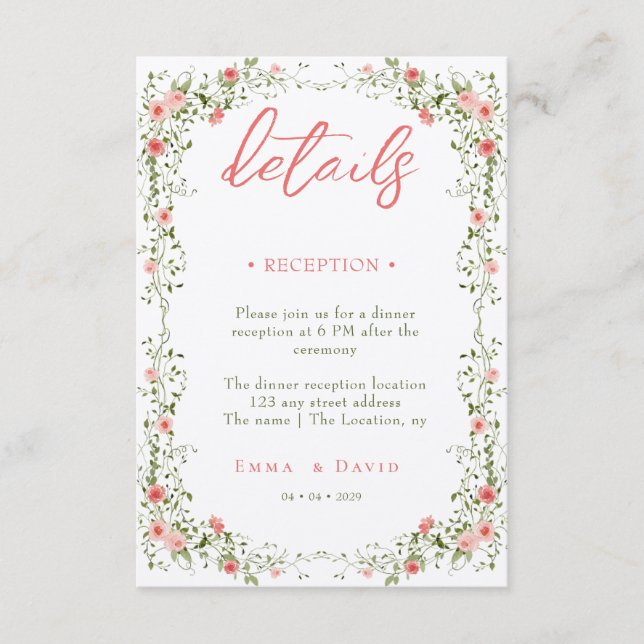 Tarjeta De Recepción Rosas botánicos alojamiento Boda de código QR (Anverso)