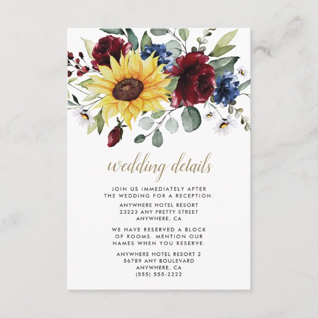 Tarjeta De Recepción Rosas de Borgoña del Sunflower Boda Rústico Azul (Anverso)