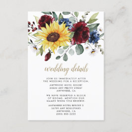 Tarjeta De Recepción Rosas de Borgoña del Sunflower Boda Rústico Azul