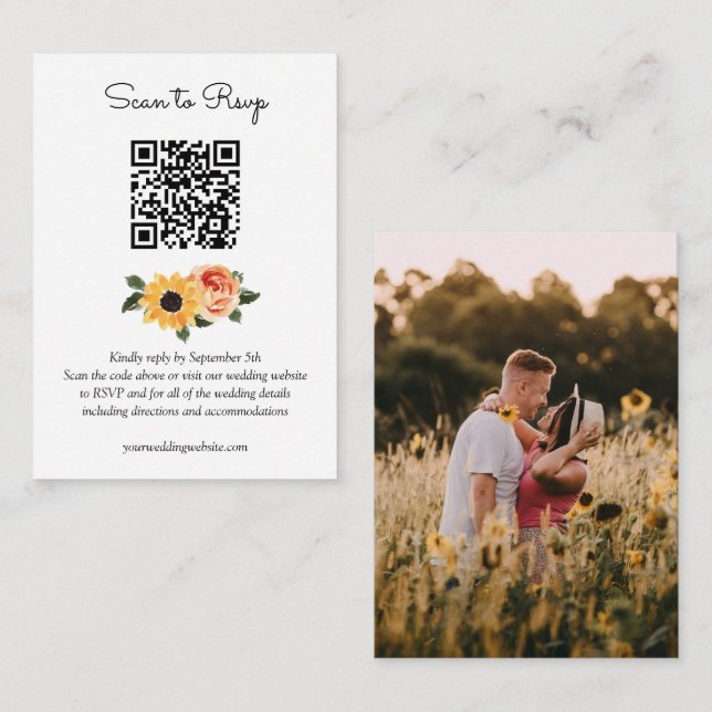 Tarjeta De Recepción Rosas de caída de girasol Boda Código QR RSVP (Anverso / Reverso)