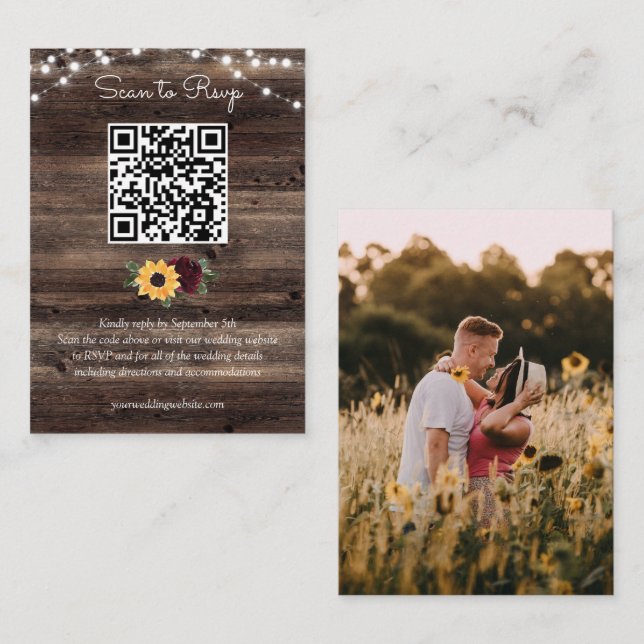 Tarjeta De Recepción Rosas de girasol Boda de madera Rusa Código QR RSV (Anverso / Reverso)