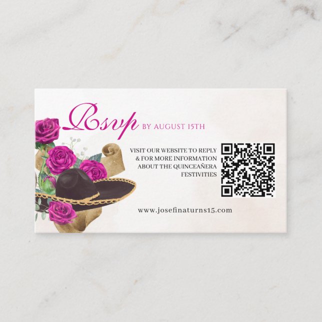 Tarjeta De Recepción Rosas de Mexicana Mariachi Charra Magenta Quincean (Anverso)