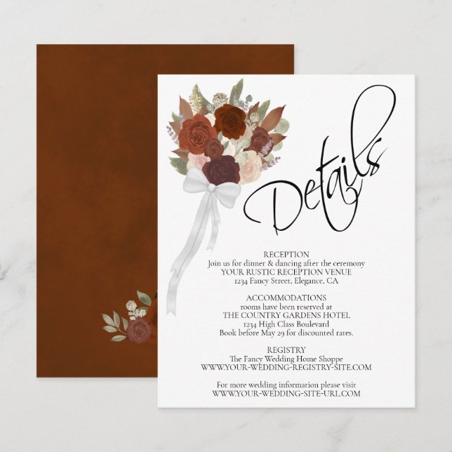 Tarjeta De Recepción Rosas de otoño Rust Naranja Bouquet Boda Detalles (Anverso / Reverso)