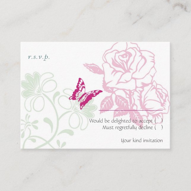 Tarjeta De Recepción Rosas ilustrados y Primavera de mariposa RSVP (Anverso)