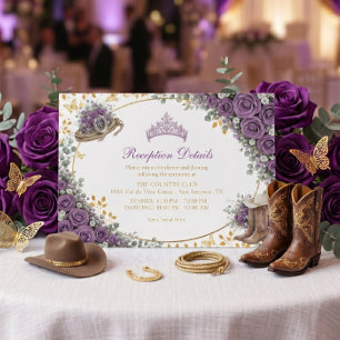 Tarjeta De Recepción Rosas púrpuras occidentales Quinceañera dorada del