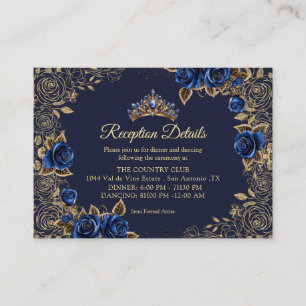 Tarjeta De Recepción Rosas Quinceañera Tiara Dorada Azul Navi