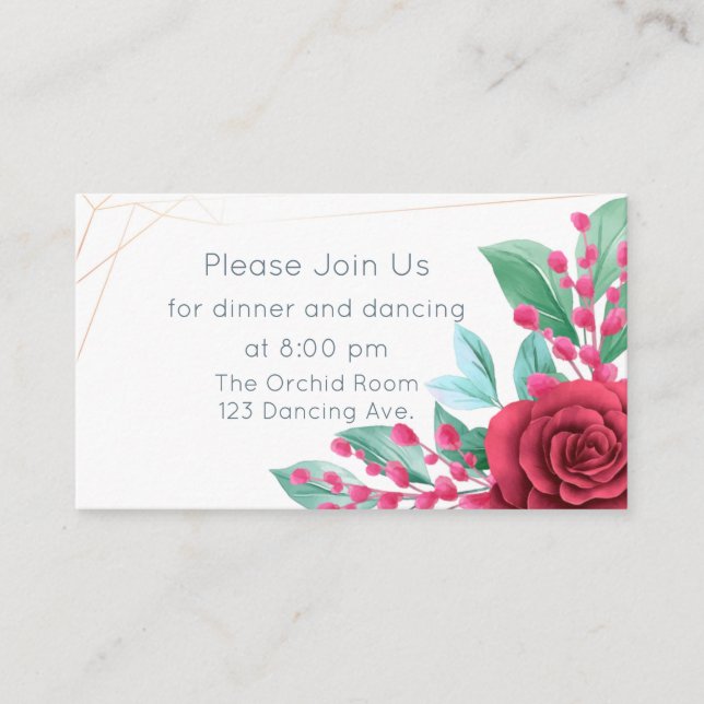 Tarjeta De Recepción Rosas Rojas de Boda Floral Moderna (Anverso)