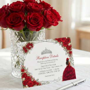 Tarjeta De Recepción Rosas Rojas Mariposas de Plata Quinceañera