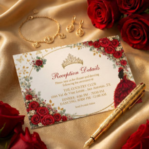 Tarjeta De Recepción Rosas Rojas Mariposas Doradas Quinceañera