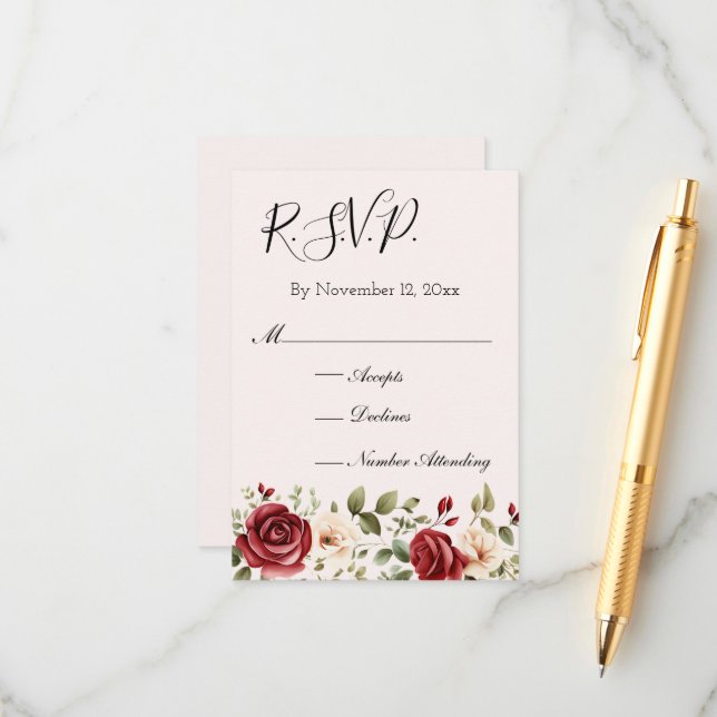 Tarjeta De Recepción Rosas Rojas Románticas Rubor Rosa Boda RSVP (Anverso/Reverso In Situ)
