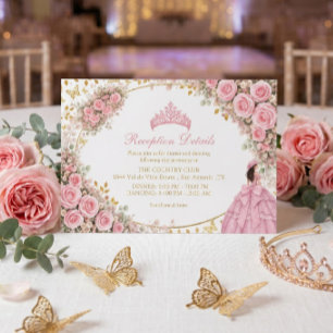 Tarjeta De Recepción Rosas rosadas acuarela mariposa dorada Quinceañera