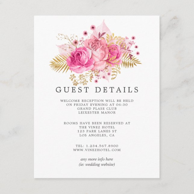 Tarjeta De Recepción Rosas rosados y dorados Boda acuarela Detalles del (Anverso)