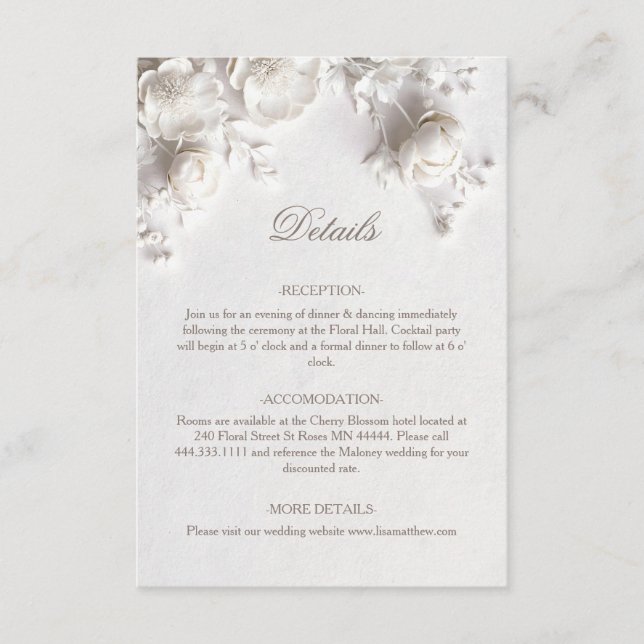 Tarjeta De Recepción Rosas Silvestres 3D Blancas (Anverso)