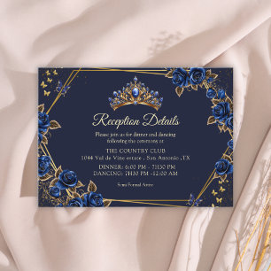 Tarjeta De Recepción Rosas Tiara Dorada Azul Marino Quinceañera