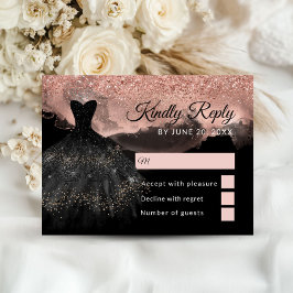 Tarjeta De Recepción Rose Gold & Black Princess Quinceañera RSVP Card