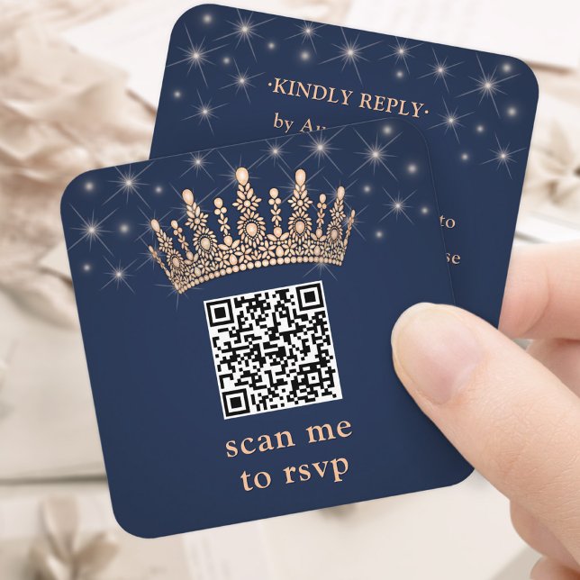 Tarjeta De Recepción Rose Gold Crown QR Code RSVP Navy Blue Quinceañera (Subido por el creador)
