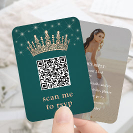 Tarjeta De Recepción Rose Gold Crown Quinceañera Photo QR RSVP Green