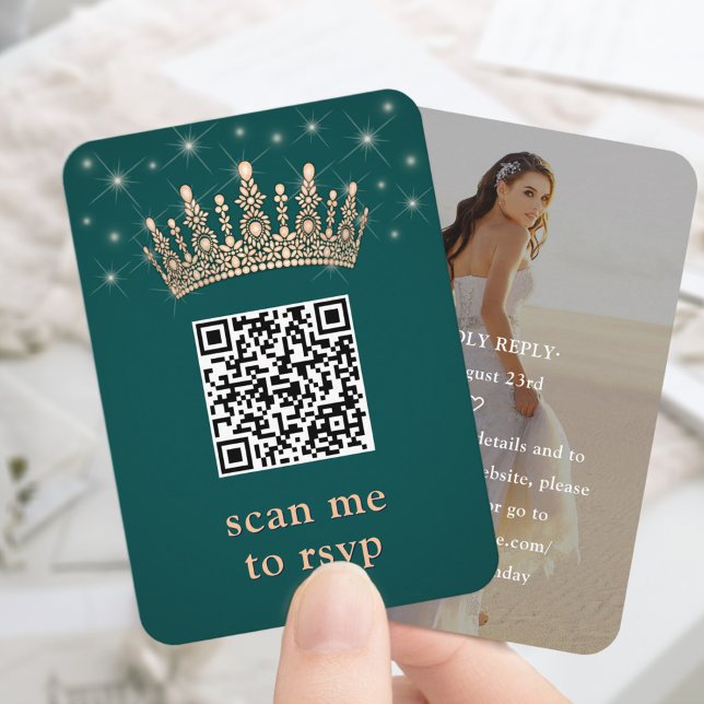 Tarjeta De Recepción Rose Gold Crown Quinceañera Photo QR RSVP Green (Subido por el creador)