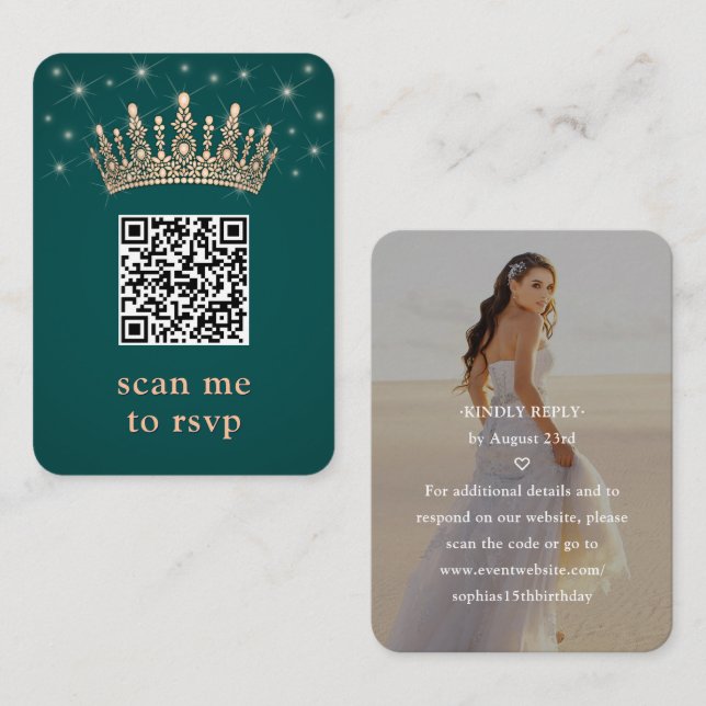 Tarjeta De Recepción Rose Gold Crown Quinceañera Photo QR RSVP Green (Anverso / Reverso)