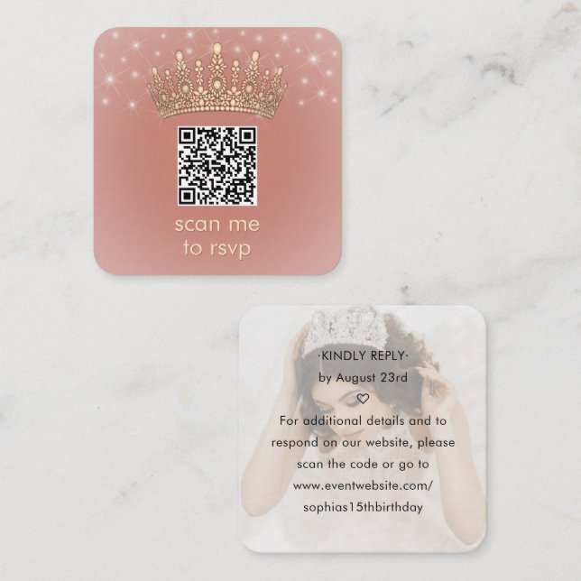 Tarjeta De Recepción Rose Gold Crown Quinceañera Photo Scan Me QR RSVP (Anverso / Reverso)
