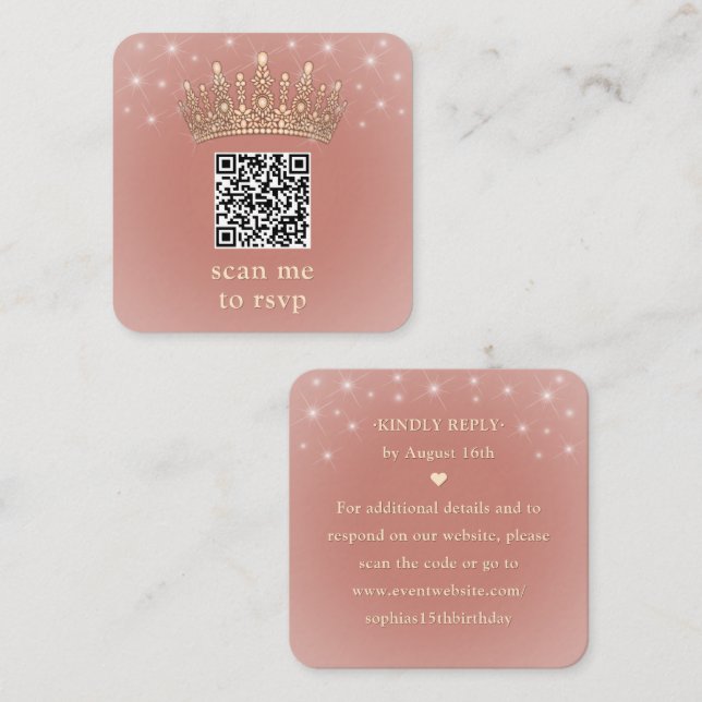Tarjeta De Recepción Rose Gold Crown Quinceañera Scan Me QR Code RSVP (Anverso / Reverso)