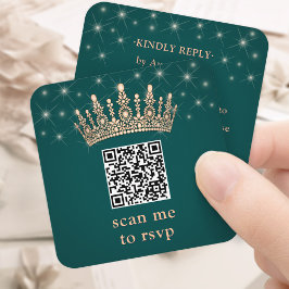 Tarjeta De Recepción Rose Gold Crown Scan Me Quinceañera QR RSVP Green
