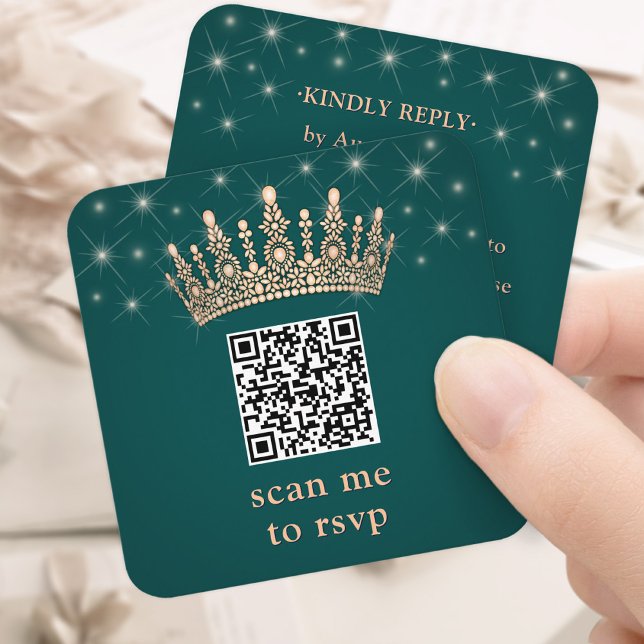 Tarjeta De Recepción Rose Gold Crown Scan Me Quinceañera QR RSVP Green (Subido por el creador)