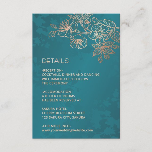 Tarjeta De Recepción Rose Gold Floral Line Art Teal Wedding (Anverso)