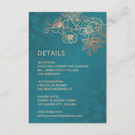 Tarjeta De Recepción Rose Gold Floral Line Art Teal Wedding