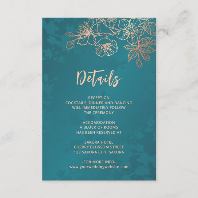 Tarjeta De Recepción Rose Gold Floral Line Art Teal Wedding (Anverso)