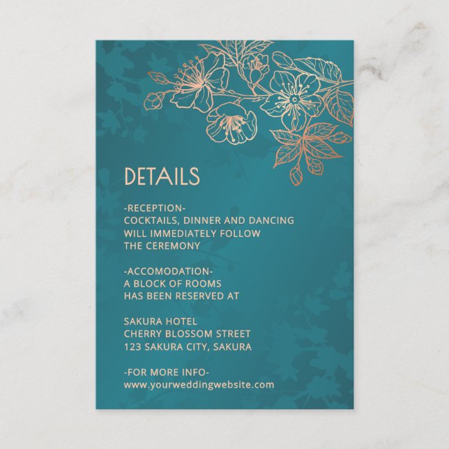 Tarjeta De Recepción Rose Gold Floral Line Art Teal Wedding (Anverso)