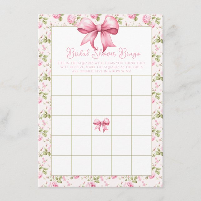 Tarjeta De Recepción Roses rosados y arcos Coquette Bridal Shower Bingo (Anverso)