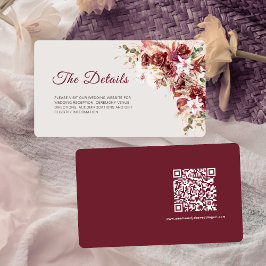 Tarjeta De Recepción Rounded Mini Burgundy Floral QR Wedding Details