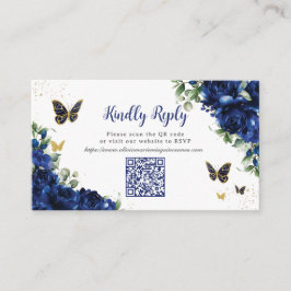 Tarjeta De Recepción Royal Blue Floral Gold Quinceañera 16 Código QR RS
