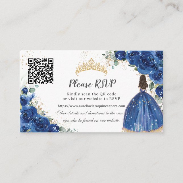 Tarjeta De Recepción Royal Blue Floral Gold Quinceañera QR Code (Anverso)